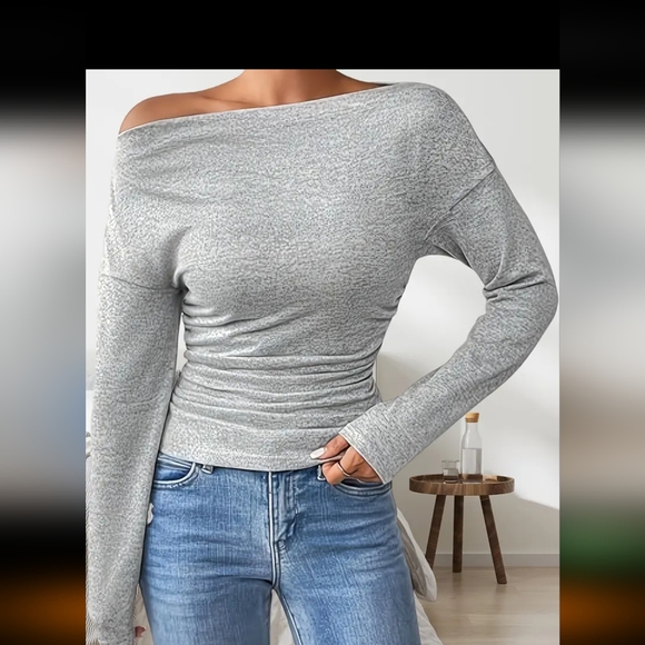 Macy's Stylish Gray Off-Shoulder Top - Picture 1 of 4